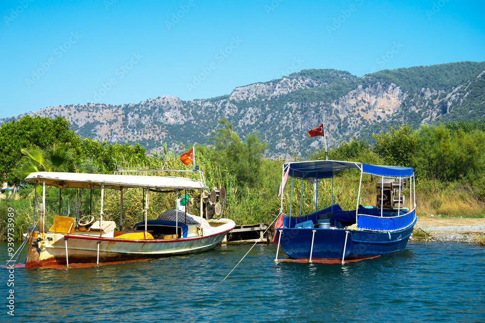 Naklejka premium Pleasure boats at pier under flag of Turkey on Dalyan River, Turkey on sunny clear summer day. Concept of water travel and the Mediterranean climate. River or water landscape