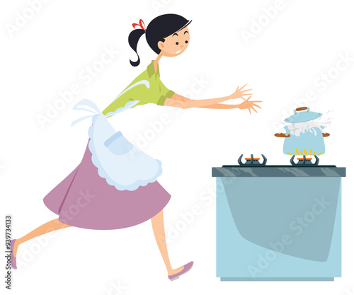 Girl hurries to boiling pan. Illustration for internet and mobile website.