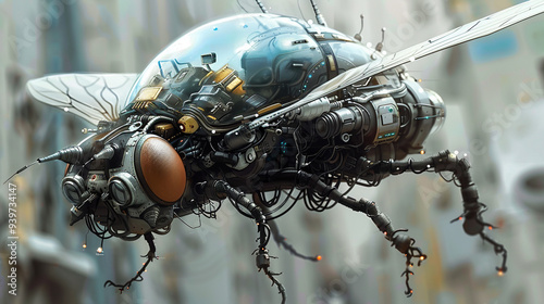 Futuristic robotic insect with mechanical parts and wings, blending technology and nature in a sci-fi urban setting.