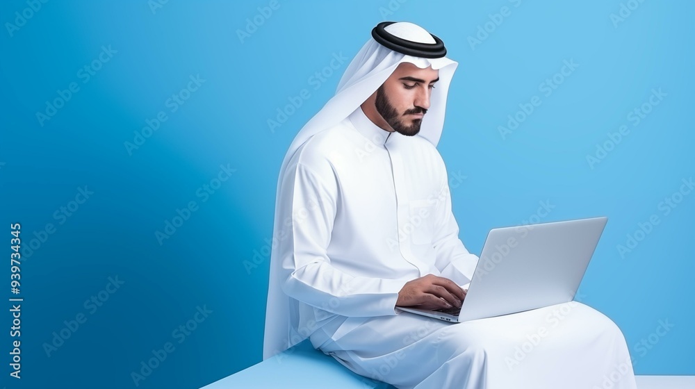 arab working on a laptop, isolated background arab working on a laptop, isolated background