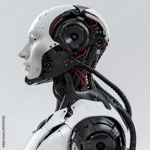 Side profile of a futuristic humanoid robot with detailed mechanical components and a sleek design in a neutral background.