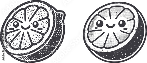 Grunge-Style Lemon and Orange Smiling Fruit Character with Texture, Rough Hand-Drawn with Grainy Print Effect.