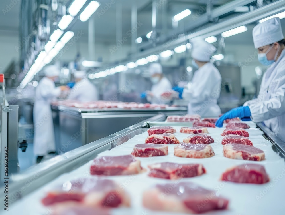 Sustainable Cultured Meat Production Line with Workers Ensuring Quality and Ethics in Modern Facility Sustainable Cultured Meat Production Line with Workers Ensuring Quality and Ethics in Modern Facility
