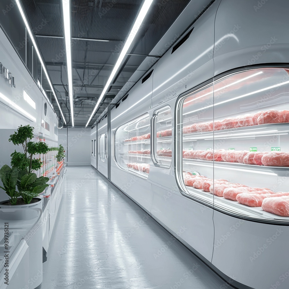 Obraz premium Sustainable Cultured Meat Aisle of the Future in Eco-Friendly Supermarket