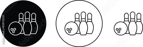 Bowling strike icon set. bowling ball and pin black flat and line vector collection isolated on transparent background. Symbol use for bowling club, games, sports Competition, element app and web.