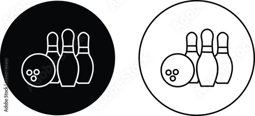 Bowling strike icon set. bowling ball and pin black flat and line vector collection isolated on transparent background. Symbol use for bowling club, games, sports Competition, element app and web.