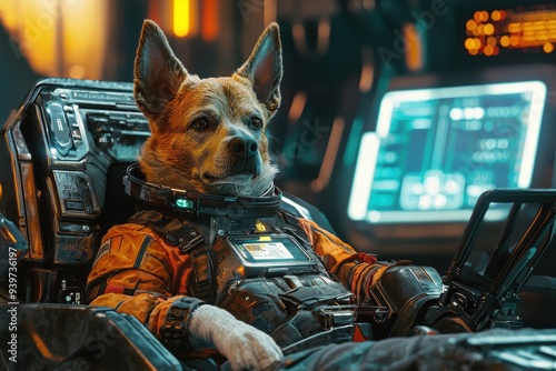 Techno Canine: Futuristic Dog in Advanced Spacesuit Amid Glowing Screens and Metallic Tech Environment