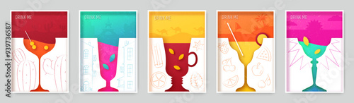 Cocktail posters. Glass drink menu, party invitation design, retro bar banner, minimalist vintage aperitif like alcohol whiskey or martini. Cold beverages in geometric glasses. Vector design