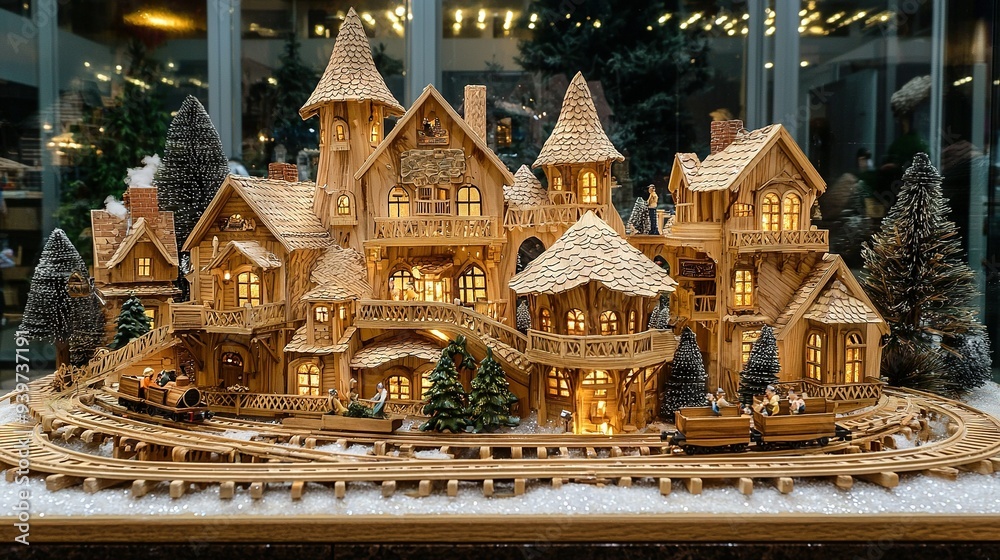 Fototapeta premium A wooden model of a house with a train on the tracks in front of it and Christmas trees in the background