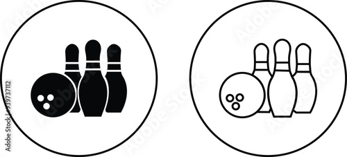 Bowling strike icon set. bowling ball and pin black flat and line vector collection isolated on transparent background. Symbol use for bowling club, games, sports Competition, element app and web.