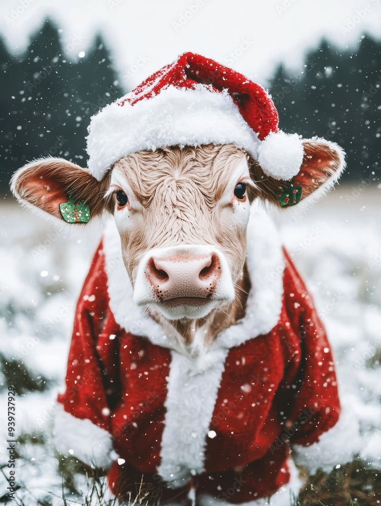Festive Cow in Santa Claus Outfit Standing in Snowy Field with Christmas Decorations - High-Resolution Image with Sharp Clarity Festive Cow in Santa Claus Outfit Standing in Snowy Field with Christmas Decorations - High-Resolution Image with Sharp Clarity