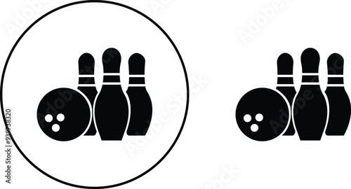 Bowling strike icon set. bowling ball and pin black flat and line vector collection isolated on transparent background. Symbol use for bowling club, games, sports Competition, element app and web.