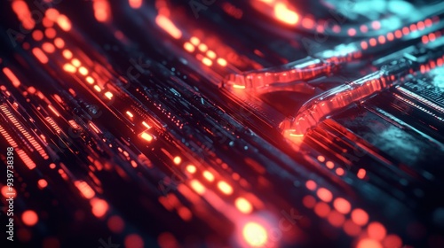 Abstract Futuristic Circuitry with Glowing Red and Blue Lights