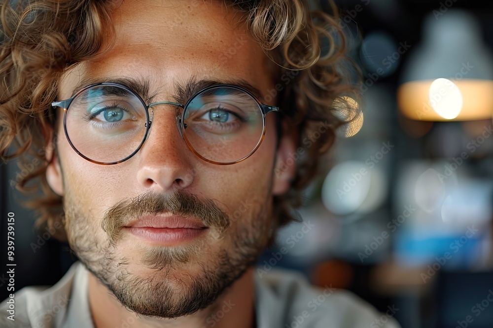 Portrait of positive curly young man with beard and glasses