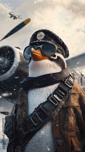 Flight of the Arctic Aviator - Adorable penguin pilot in uniform beside a plane on snowy landscape with aviator goggles.