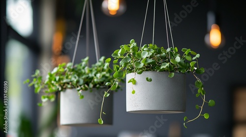 A pair of minimalist concrete hanger pots with trailing vines, hanging in a chic industrial space photo