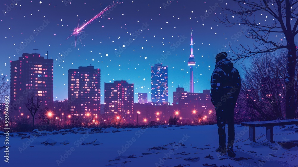 Night city with a bright meteor streaking across the sky. The man is in the foreground. Night city with a bright meteor streaking across the sky. The man is in the foreground.