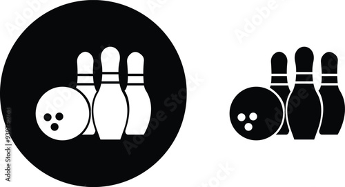 Bowling strike icon set. bowling ball and pin black flat and line vector collection isolated on transparent background. Symbol use for bowling club, games, sports Competition, element app and web.
