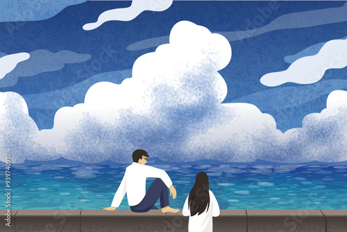 Summer trip. People looking at ocean landscape. Sky clouds. Water waves. Aesthetic scenery. Couple on embankment. Man and woman admiring seascape. Vector creative texture wallpaper