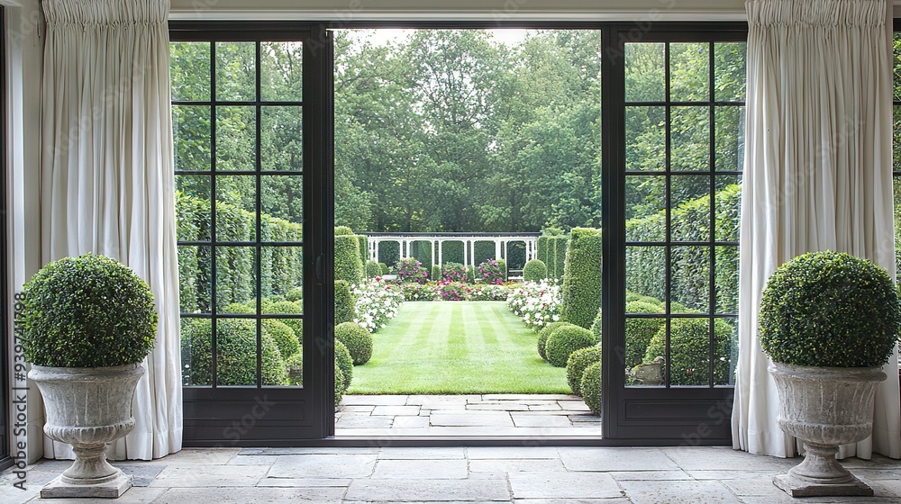 A door opens onto a verdant garden filled with white blooms, framed by an archway within the space A door opens onto a verdant garden filled with white blooms, framed by an archway within the space