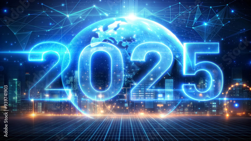 Digital symbol of 2025 on a metropolis background. Blue neon numbers 2025 on the background of a modern night city. New Year 2025