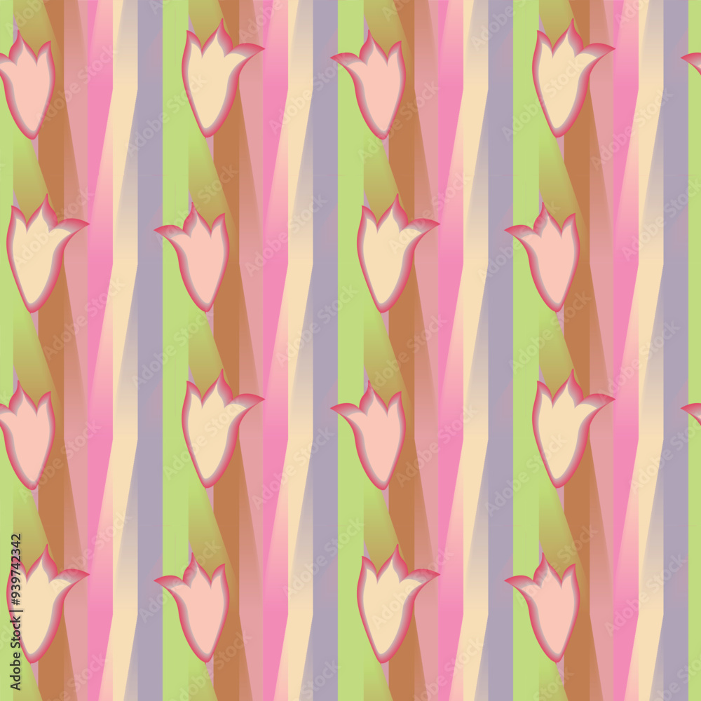 A vibrant abstract tulip motifs in soft girlish colors set against dynamic, multicolored vertical gradient stripes. Perfect for spring themed projects, decorating girls things, wallpaper, or gift A vibrant abstract tulip motifs in soft girlish colors set against dynamic, multicolored vertical gradient stripes. Perfect for spring themed projects, decorating girls things, wallpaper, or gift
