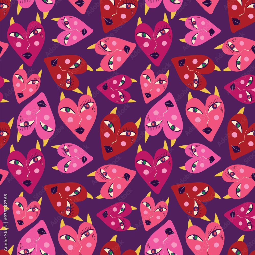 Naklejka premium Pink Cool strange devil hearts seamless pattern for Valentine's Day