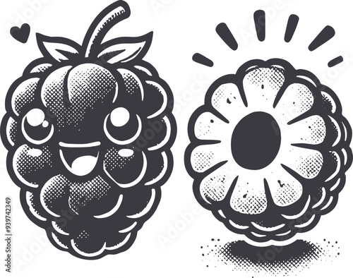 Grunge-Style Raspberry Smiling Fruit Character with Texture, Rough Hand-Drawn with Grainy Print Effect.