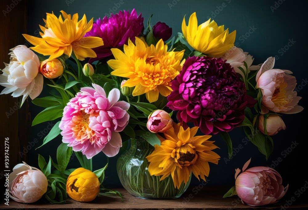 Fototapeta premium vibrant floral arrangements featuring variety seasonal blooms array colors textures decorative purposes, bouquet, botanical, craftsmanship, creativity