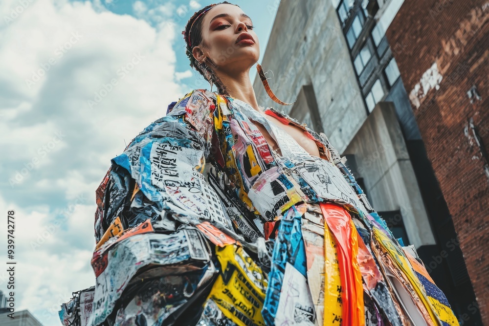 Obraz premium Eco-Friendly Fashion: Confident Model in Stylish Recycled Outfit against Urban Background