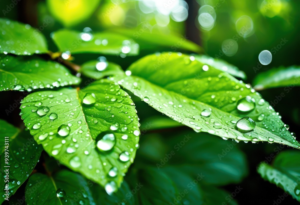 vibrant rain droplets lush green foliage capturing refreshing essence, bright, colorful, nature, leaf, water, texture, scene, forest, plant, moisture