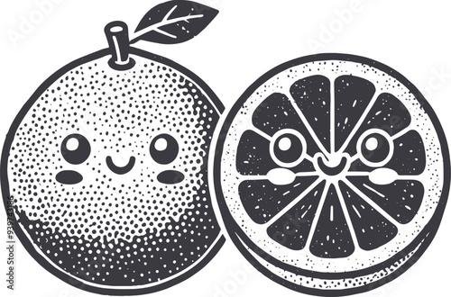 Grunge-Style Grapefruit Smiling Fruit Character with Texture, Rough Hand-Drawn with Grainy Print Effect.