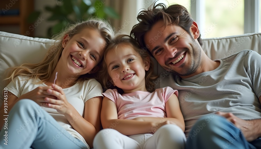 Fototapeta premium Happy family at home. Mother father two children daughters relaxing on sofa indoor. Mom dad parents baby girls kids relax playing having fun together. Family smiling laughing enjoying tender moment