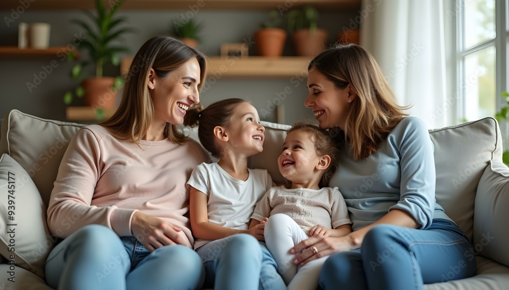 Happy family at home. Mother father two children daughters relaxing on sofa indoor. Mom dad parents baby girls kids relax playing having fun together. Family smiling laughing enjoying tender moment Happy family at home. Mother father two children daughters relaxing on sofa indoor. Mom dad parents baby girls kids relax playing having fun together. Family smiling laughing enjoying tender moment