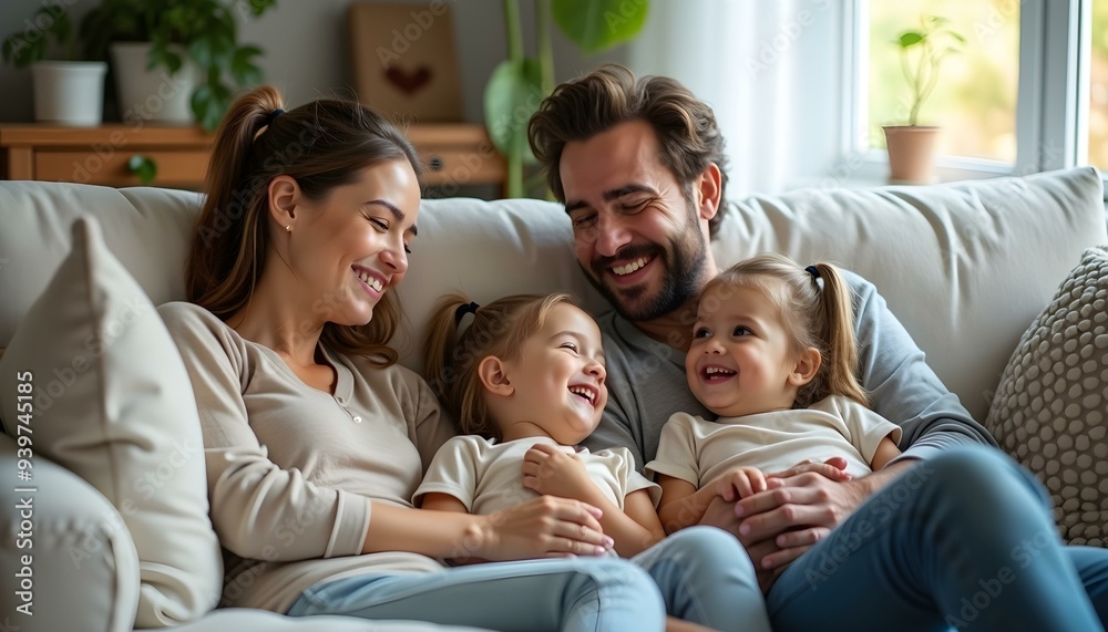 Happy family at home. Mother father two children daughters relaxing on sofa indoor. Mom dad parents baby girls kids relax playing having fun together. Family smiling laughing enjoying tender moment Happy family at home. Mother father two children daughters relaxing on sofa indoor. Mom dad parents baby girls kids relax playing having fun together. Family smiling laughing enjoying tender moment