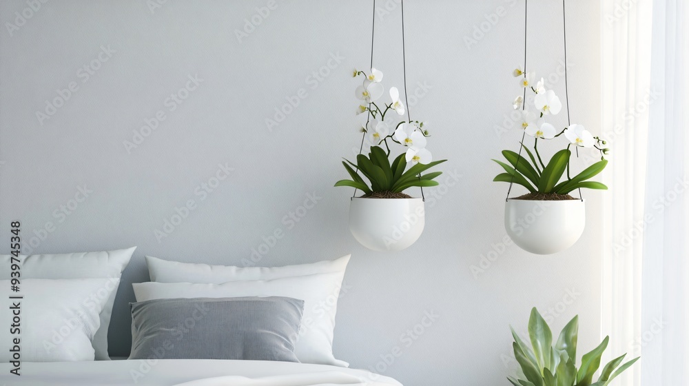 Hanger pots made of recycled glass, filled with vibrant orchids, suspended in a minimalist bedroom Hanger pots made of recycled glass, filled with vibrant orchids, suspended in a minimalist bedroom