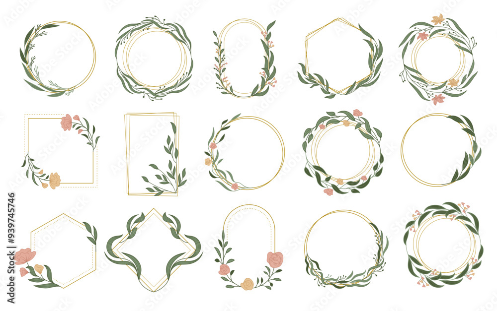 Botanical frames. Floral design templates for wedding cards minimalistic flower buds branches and leaves recent vector decorative set Botanical frames. Floral design templates for wedding cards minimalistic flower buds branches and leaves recent vector decorative set