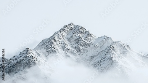   A towering mountain cloaked in snow stands majestically amidst a hazy day, while a snowboarder gracefully glides towards the viewer in the foreground