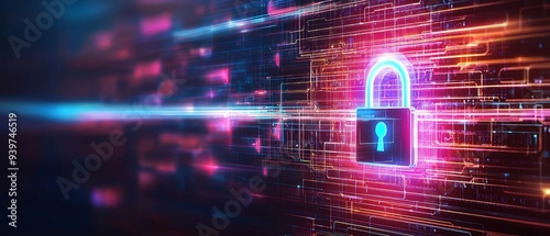 Abstract digital padlock symbolizing cybersecurity with vibrant light effects and binary data background, ideal for tech visuals.