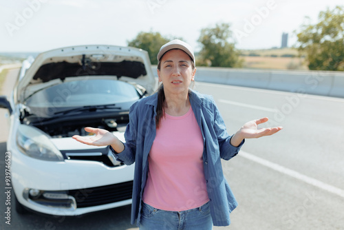 Woman Frustration with Broken Car on Busy Highway