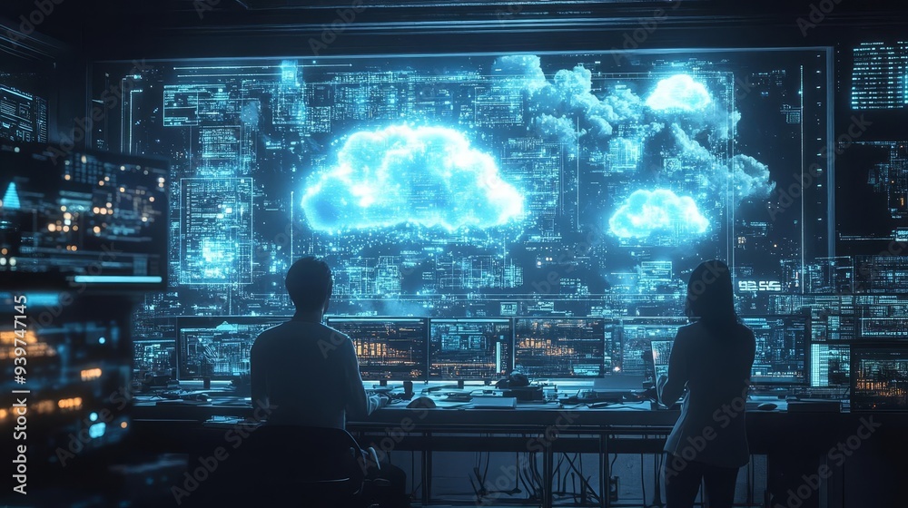 Futuristic control room with two operators analyzing digital cloud data on a high-tech screen. Futuristic control room with two operators analyzing digital cloud data on a high-tech screen.