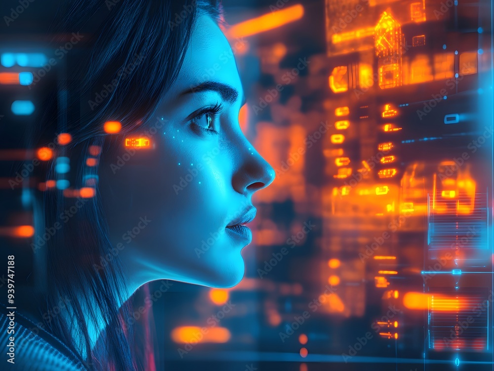 Zukunftstechnologie und künstliche Intelligenz – Frau in digitaler Umgebung Zukunftstechnologie und künstliche Intelligenz – Frau in digitaler Umgebung