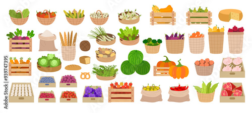 Eco food. Natural fresh farm produce healthy vegetables in baskets fruits meat and milk recent vector template pictures in flat style
