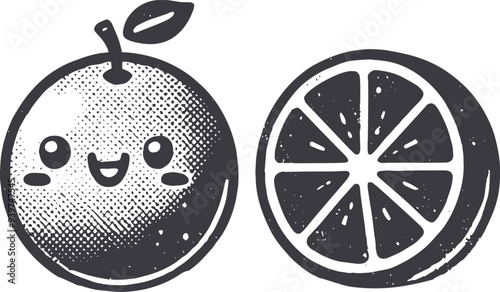 Grunge-Style Grapefruit Smiling Fruit Character with Texture, Rough Hand-Drawn with Grainy Print Effect.