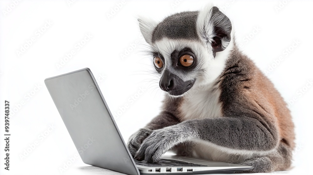 Obraz premium Illustration of a cute lemur in front of a laptop