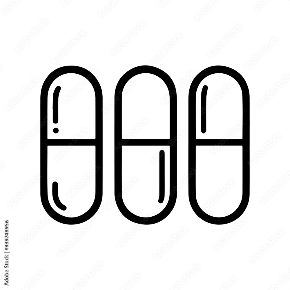 Pills icon or modern line symbol. Vector line art and icon design with bold outline. Black and white Pixel Perfect minimalistic symbol isolated white background. Silhouette simple thin sign Pills icon or modern line symbol. Vector line art and icon design with bold outline. Black and white Pixel Perfect minimalistic symbol isolated white background. Silhouette simple thin sign