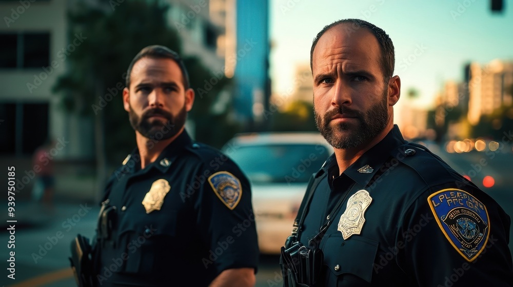 Portrait of two police officers on the street of Los Angeles, men in police uniforms patrol the city, policeman Portrait of two police officers on the street of Los Angeles, men in police uniforms patrol the city, policeman