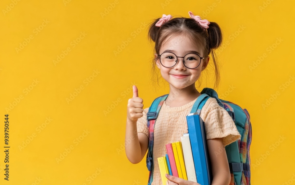 A girl with glasses and a backpack holds books and thumbs up A girl with glasses and a backpack holds books and thumbs up