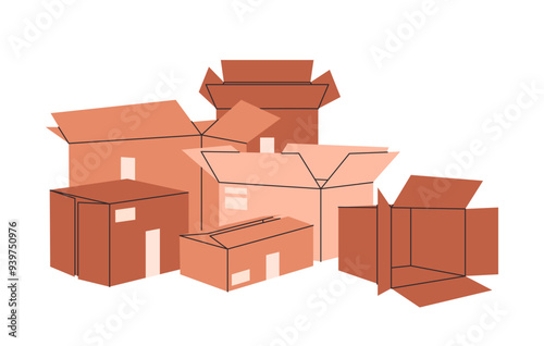 Cartoon boxes. Stacked cardboard boxes piles, cargo warehouse box stack, delivery or moving containers flat vector illustration. Hand drawn boxes collection on white