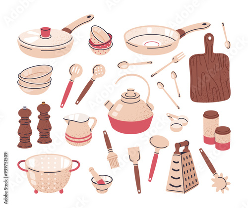 Cooking kitchen supplies. Hand drawn kitchen utensils, cutting board, pots and frying pan isolated flat vector illustration set. Cartoon cooking tools on white
